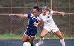 Champlin Park senior captain Maille Mathis (4) and Rogers' Mackenzie Matthies (2) raced to the ball. Mathis, the Rebels' leading scorer this season, f