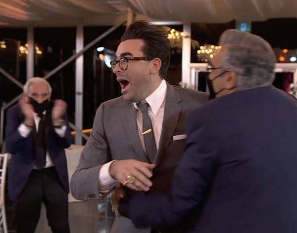 Daniel Levy and his dad, Eugene Levy, celebrated their seven wins for “Schitt’s Creek” from a tent party at Eugene’s home.