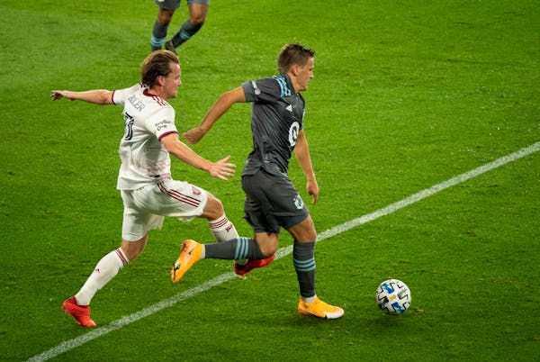 Attacker Robin Lod (right, shown in a match earlier this month against Real Salt Lake) scored Minnesota United’s only goal against the Columbus Crew