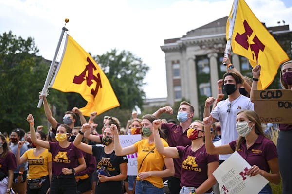 Gophers student athletes sang the Minnesota Rouser after concluding a march and protest against plans by the university to cut men’s sports last mon