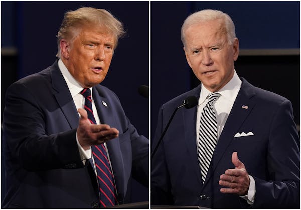 FILE - This combination of Sept. 29, 2020, file photos shows President Donald Trump, left, and former Vice President Joe Biden during the first presid