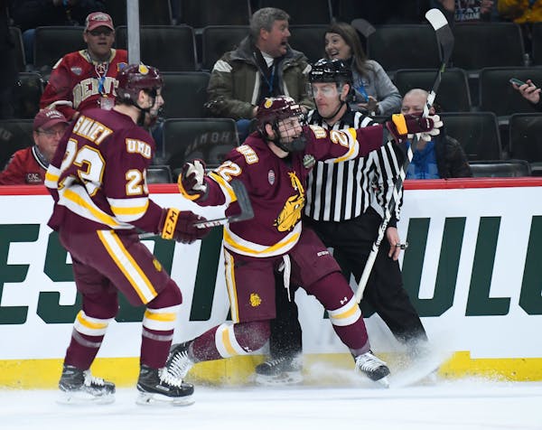 Minnesota Duluth, which won the national championship, celebrated a goal during the 2018 Frozen Four at the Xcel Energy Center.
