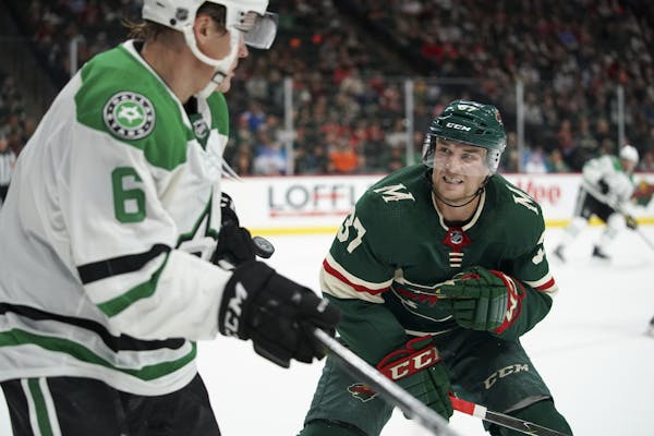 Wild winger Kyle Rau took aim at a Dallas player during a game at Xcel Energy Center on Sept. 20, 2018.