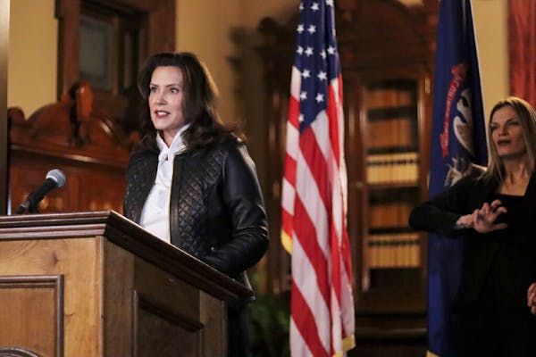 Michigan Gov. Gretchen Whitmer addresses the state during a speech in Lansing, Mich., Thursday, Oct. 8, 2020.