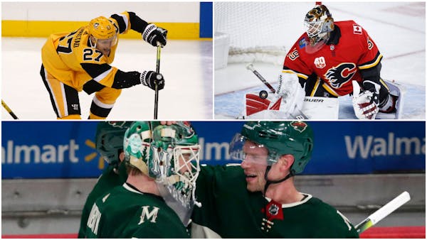 Forward Nick Bjugstad (top left) and goalie Cam Talbot (top right) are among the new Wild players who will be replacing, among others, Devan Dubnyk an