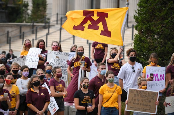 Sept: 16: Gophers student athletes rallied outside Morrill Hall to protest against plans to cut four men’s sports from the school’s athletic progr