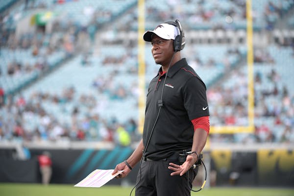 Atlanta Falcons then-assistant head coach/passing game coordinator Raheem Morris, here in 2019, is now head coach.