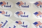 "I voted" stickers on display at the Albany County Board of Elections, Oct. 14, 2020, in Albany, N.Y.