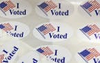 "I voted" stickers on display at the Albany County Board of Elections, Oct. 14, 2020, in Albany, N.Y.