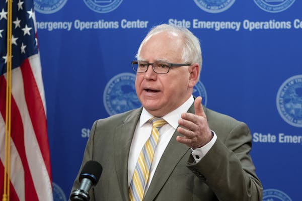 Gov. Tim Walz spoke at a news conference May 5, 2020, to discuss Minnesota’s projected $2.4 billion deficit.