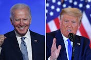 The presidential candidates took the stage early Wednesday: Democrat Joe Biden, left, spoke in Wilmington, Del., while President Donald Trump made com