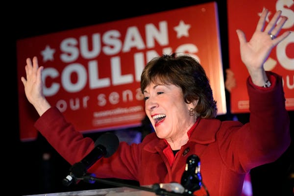 Sen. Susan Collins, R-Maine, addresses supporters just after midnight on Wednesday, Nov. 4, 2020, in Bangor, Maine. (AP Photo/Robert F. Bukaty)