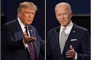 This combination of Sept. 29, 2020, file photos shows President Donald Trump, left, and former Vice President Joe Biden during the first presidential 