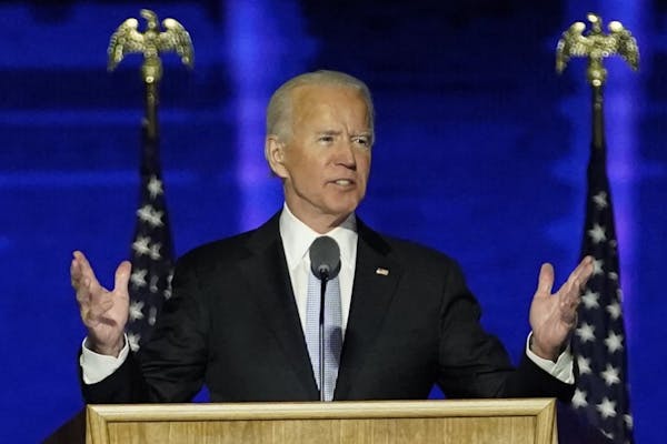 President-elect Joe Biden speaks, Saturday, Nov. 7, 2020, in Wilmington, Del.