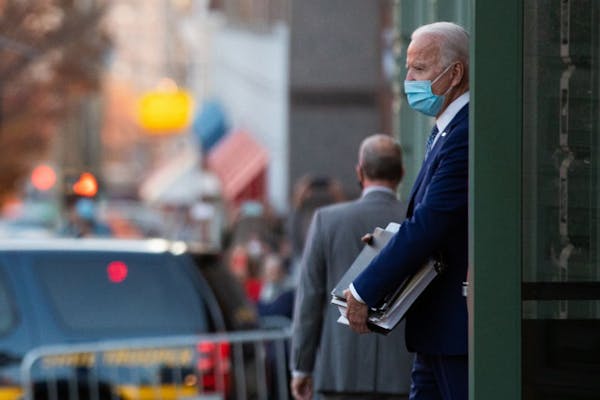 President-elect Joe Biden departs The Queen theater in Wilmington, Del., on Monday, Nov. 9, 2020, after speaking about the coronavirus.