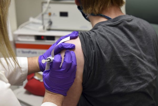 This May 4, 2020, photo showed the first patient enrolled in Pfizer’s COVID-19 coronavirus vaccine clinical trial at the University of Maryland Scho