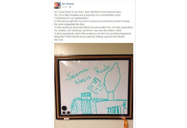A U student posted this image of the swastika and drawing to Facebook.