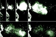 Cover your mouth: These images of a sneeze, captured on video by MIT researchers, show the evolution of a turbulent puff cloud that suspends droplets 