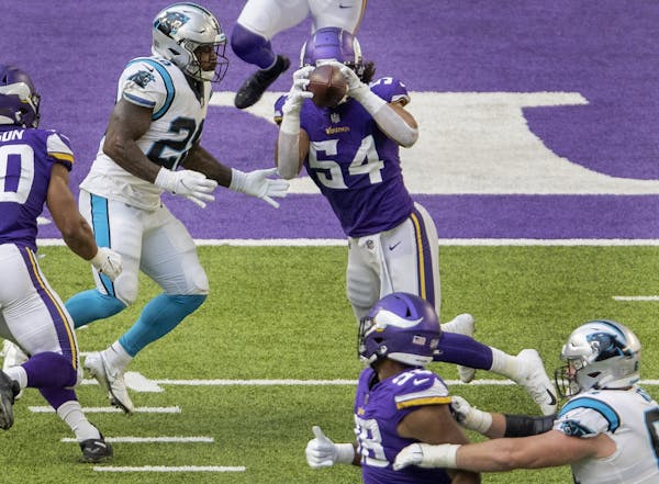 Vikings linebacker Eric Kendricks (54) intercepted a pass from Panthers quarterback Teddy Bridgewater in the second quarter Sunday.
