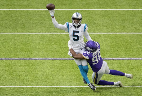 Vikings defensive end D.J. Wonnum chased down Panthers quarterback Teddy Bridgewater on Sunday.