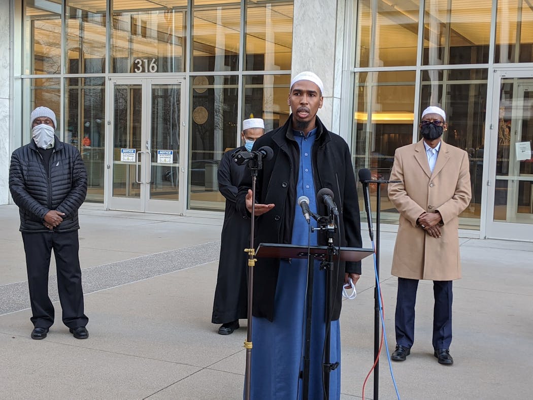 Abdulahi Farah of Dar Al-Farooq mosque spoke with reporters following the guilty verdicts against Michael Hari for the 2017 bombing of the mosque. He praised the jury and called for stiffer penalties for hate crimes.