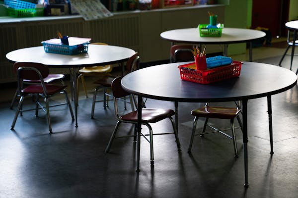 An empty classroom at an elementary school in Baltimore after closing during the coronavirus pandemic, April 14, 2020. Across the U.S., some large sch