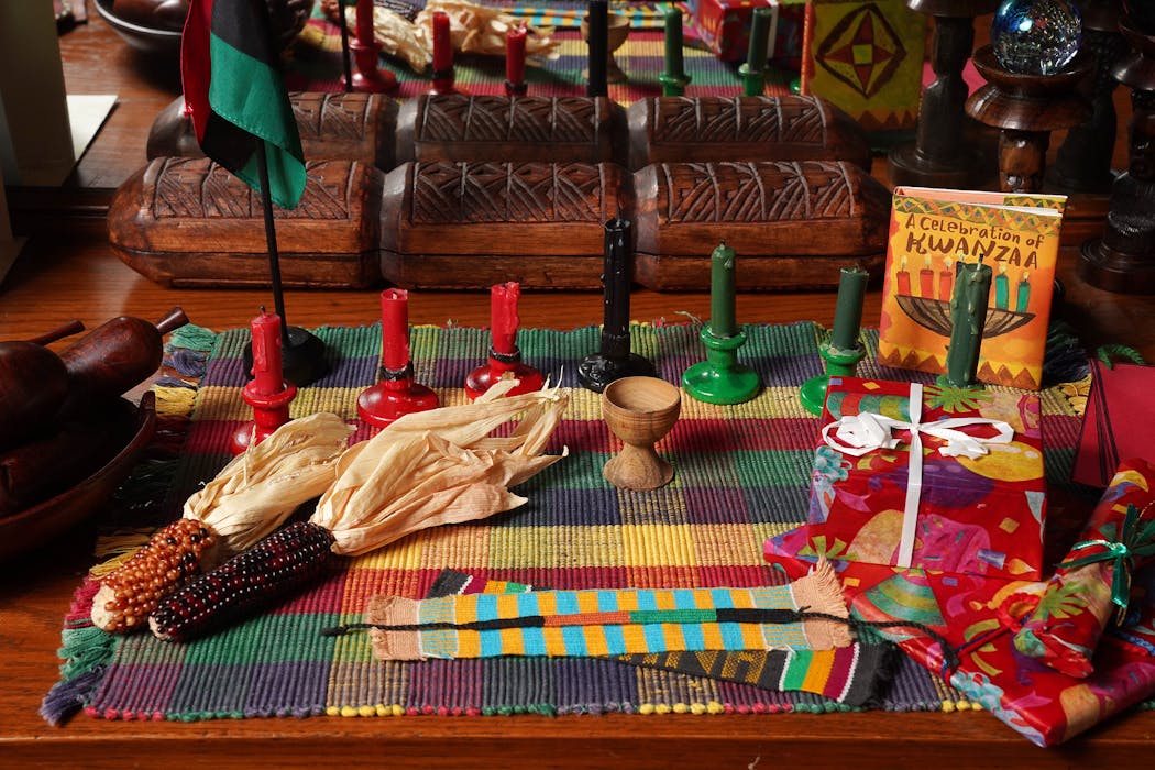 Bill and Beverly Cottman have arranged their Kwanzaa setup on the buffet at their home in Minneapolis. 