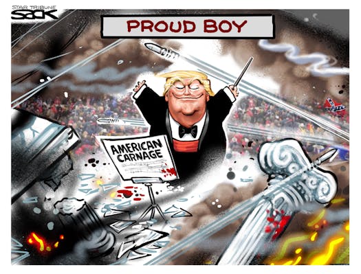 Title:  Proud Boy.  Image:  Donald Trump as a orchestra conductor conducting a scene labeled 