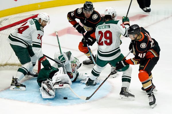 Wild goaltender Cam Talbot stopped a shot by the Ducks during the second period Monday.