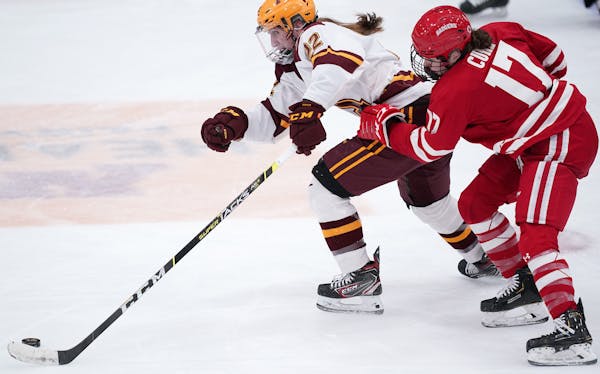 Gophers forward Abigail Boreen (22) and teammates are entering their first series of the season against Wisconsin, the defending NCAA champion.