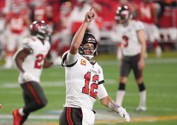 Bucs quarterback Tom Brady celebrated one of his three touchdown passes in the Super Bowl win over the Chiefs.
