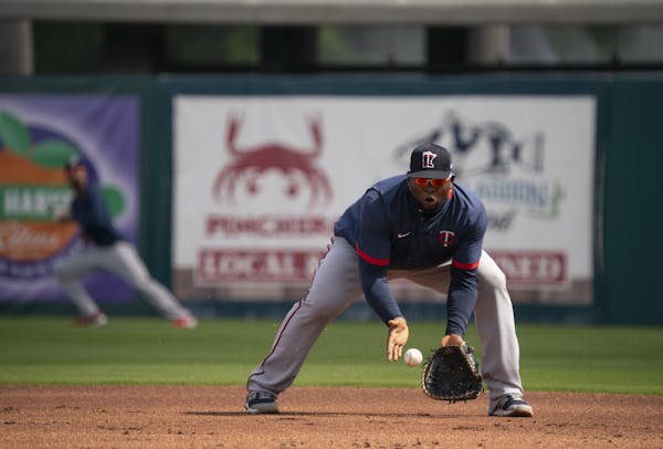 Miguel Sano fielded a grounder during a drill Wednesday morning at Twins training camp in Fort Myers, Fla.