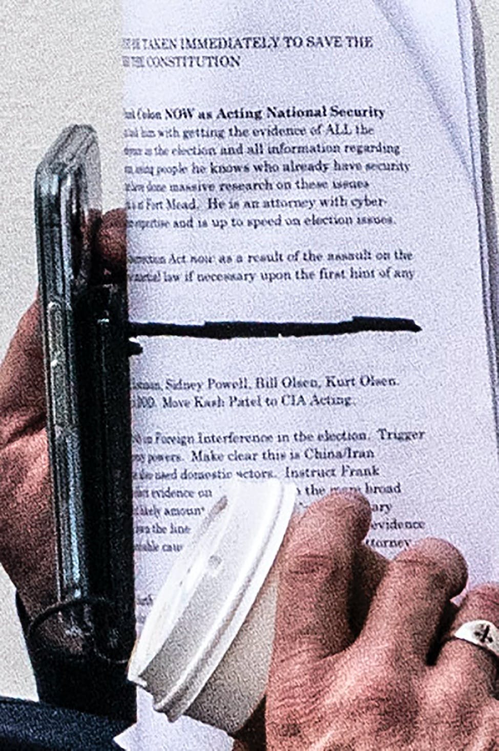 Lindell met Jan. 15 with Trump to share what he claimed was new evidence of election hacking. Spotted in his notes was “martial law if necessary,” as seen above the black line.