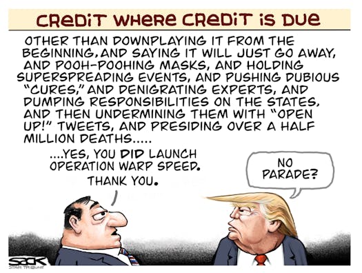 Title:  Credit Where Credit Is Due.  Image:  Man says to Donald Trump, 