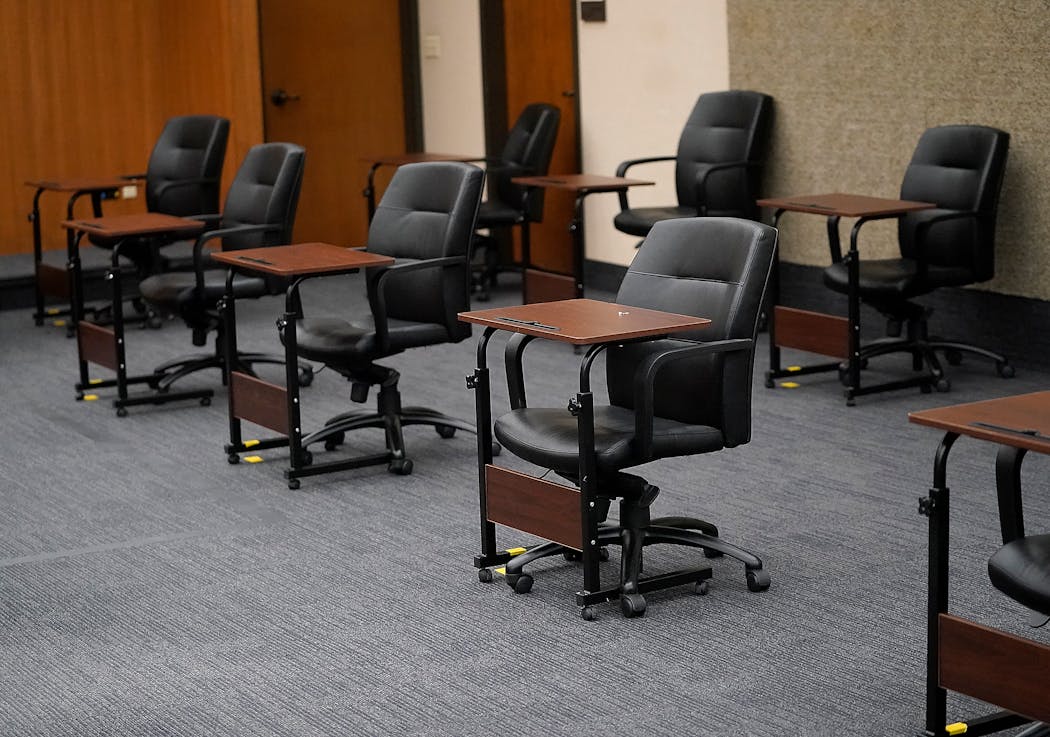 The courtroom, including these juror seats, where the Derek Chauvin trial will take place at the Hennepin County Government Center in Minneapolis.