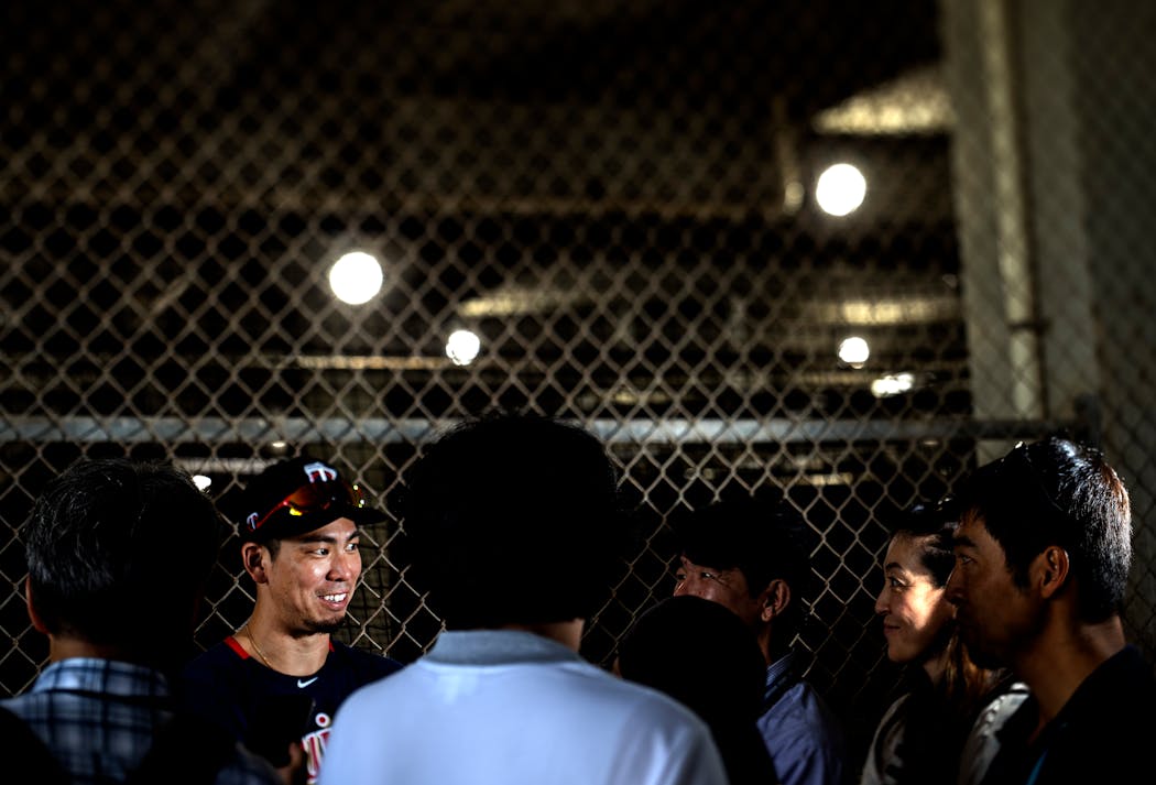 Twins pitcher Kenta Maeda spoke with the Japanese press after a February practice in Fort Myers, Fla.