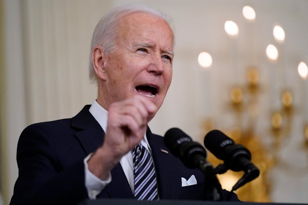 President Joe Biden speaks about the COVID-19 relief package in the State Dining Room of the White House, Monday, March 15, 2021, in Washington. Minne