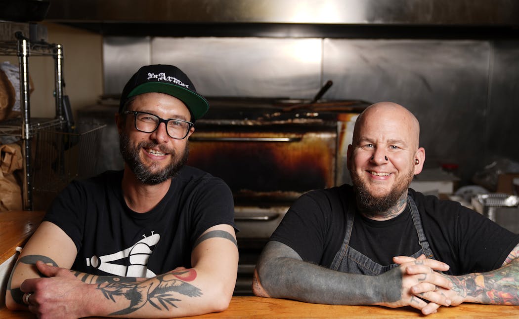 Eureka Compass Vegan Food founder Colin Anderson, left, along with chef John Stockman stood for a portrait as they took a break from dishing up orders.