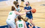 Becker’s Julia Bengtson looks to the basket Tuesday night in the Class 3A semifinal at Target Center. Photo by Earl J. Ebensteiner, SportsEngine