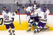 Minnesota State Mankato players celebrated after a goal at this year’s Frozen Four, in one of the team’s final moments as a WCHA team.