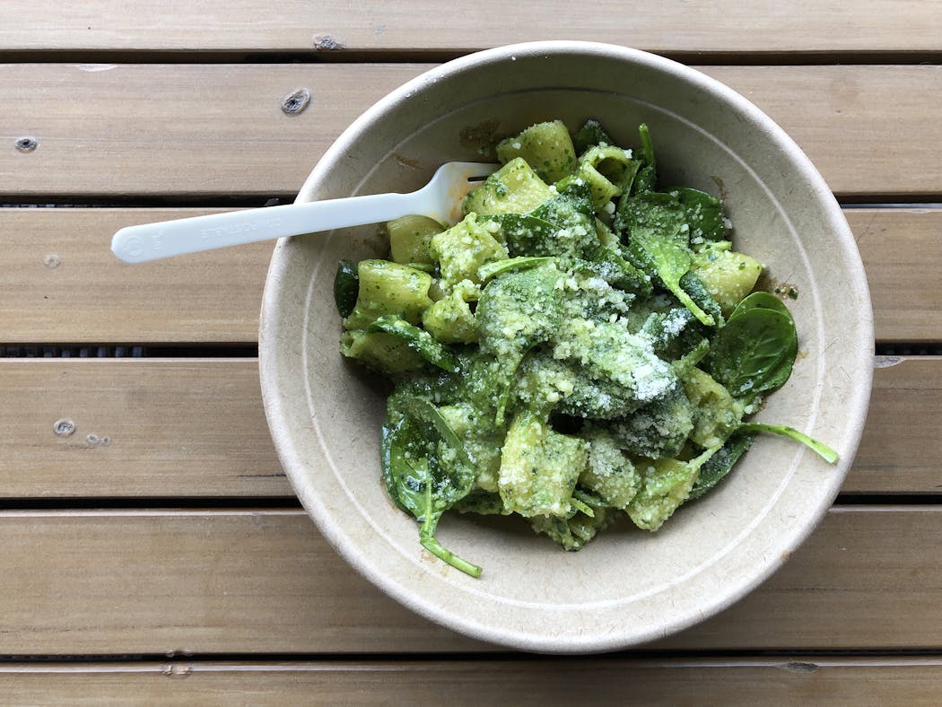 Pesto rigatoni with spinach from Joey Meatballs.
