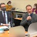 In this image from video, defense attorney Eric Nelson, left, and defendant, former Minneapolis police officer Derek Chauvin address Hennepin County J