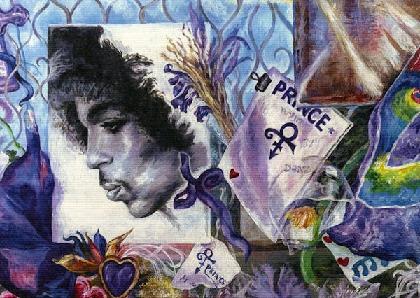 Selection from a Dan Lacey painting of the memento-covered fence outside Prince’s Paisley Park. 