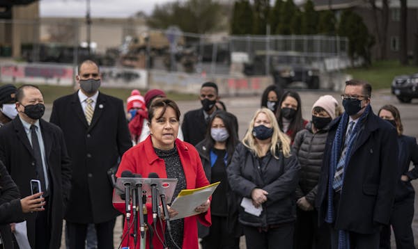 Senator Patricia Torres with other members of the Senate People of Color and Indigenous spoke at a press conference outside of the Brooklyn Center Pol