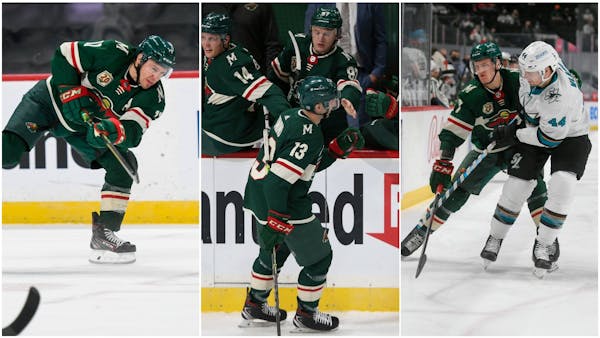From left, the line of Zach Parise, Nick Bonino and Nico Sturm has been a productive spark in the Wild’s three-game winning streak.