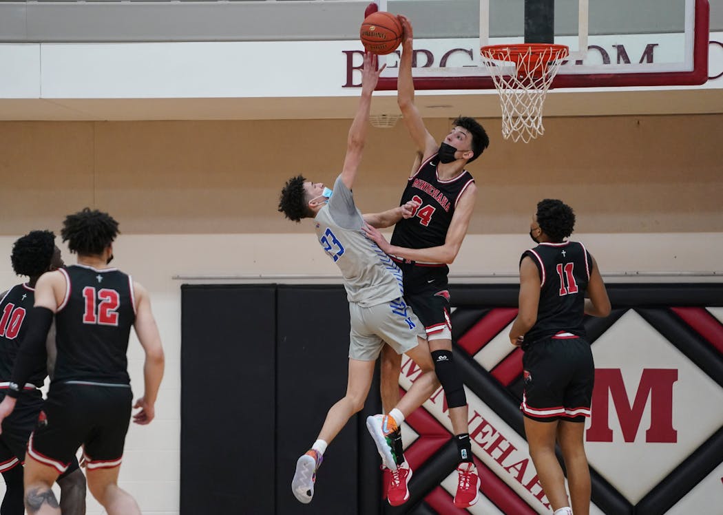 Chet Holmgren blocked a shot last month during a game between Minnehaha Academy and Minneapolis North.

