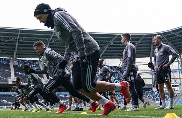 Minnesota United players took part in a drill during practice Tuesday at Allianz Field. Photo courtesy MNUFC