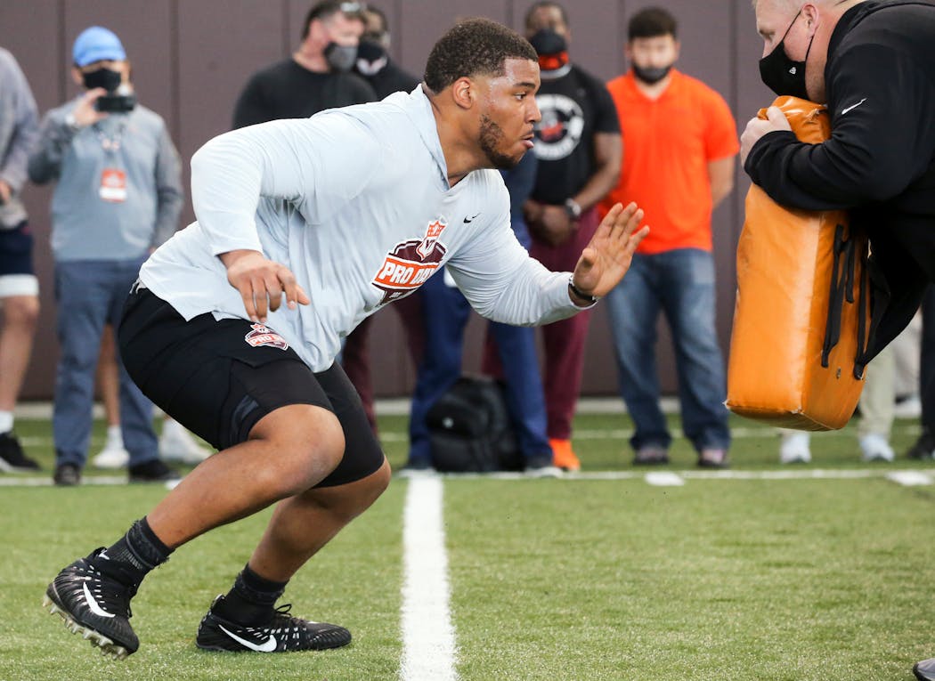 Christian Darrisaw at Virginia Tech's pro day. 