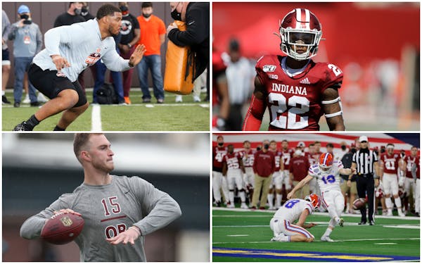 Will these players become Vikings? (Clockwise from top left): OT Christian Darrisaw of Virginia Tech, DB Jalen Johnson of Indiana, K Evan McPherson of