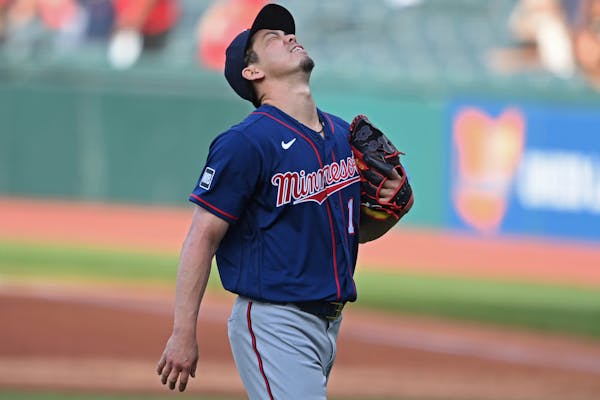 Twins starting pitcher Kenta Maeda reacts after giving up a solo home run in the first inning on April 27.